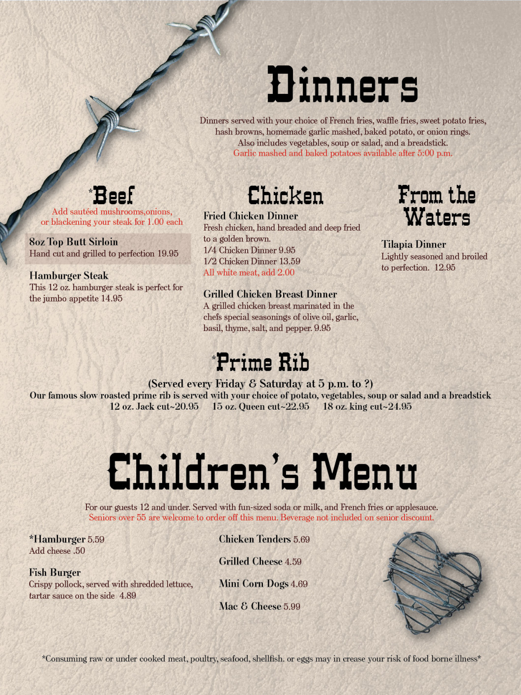 Menu Dinners Childrens Menu Triple R Grill And Bar